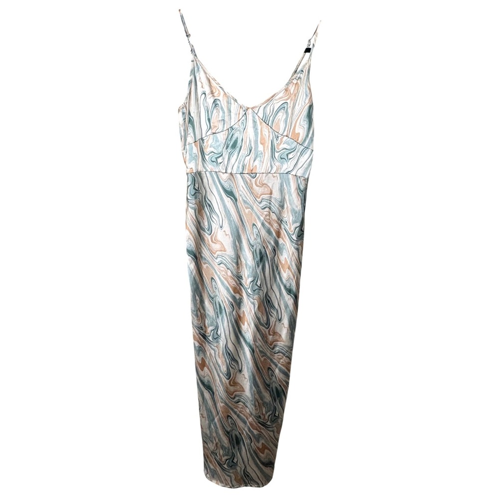 4th & Reckless Cici Marble Print Satin Midi Dress Sage Peach Green Womens Medium - Picture 5 of 9